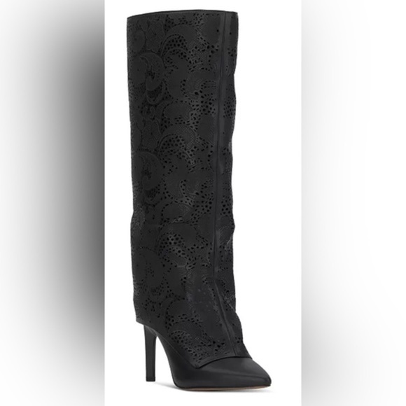 Jessica Simpson black Brykia perforated laser cut lace Cuffed knee hi Boots sz11 - Picture 1 of 6